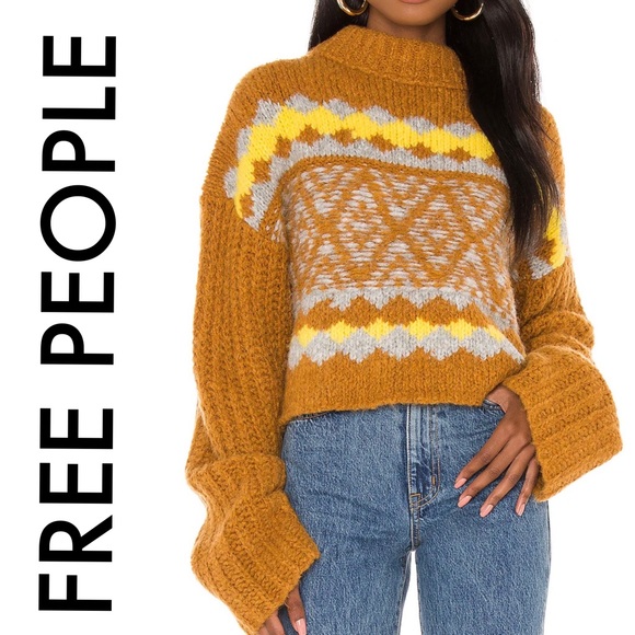 Free People Sweaters - FREE PEOPLE NWT RUST BROWN YELLOW LONG SLEEVE TURTLENECK OVERSIZED CROPPED L